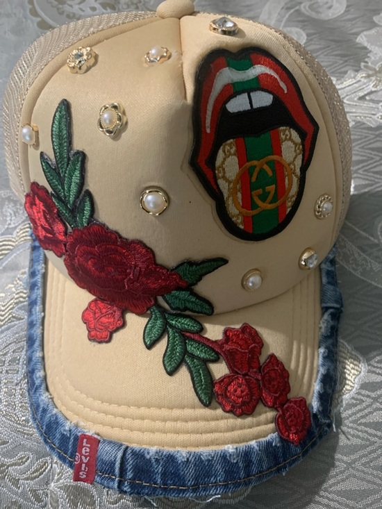 Beige Floral Embroidered Pearl Accent Baseball Cap main image 4